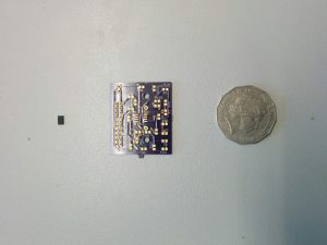 ADXL345 (Left) & PCB. Coin for scale.